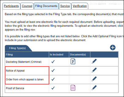 Some filings types require the submission of supplemental documents.